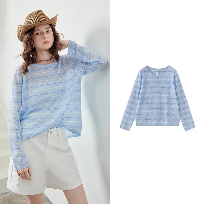 Blusa Feminina de Linho Listrada com Fenda nas Costas