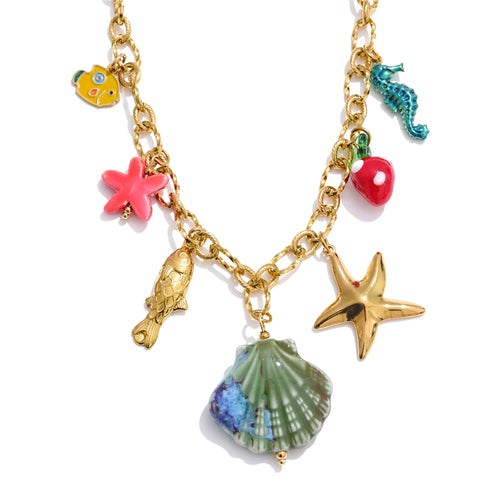 Yhpup 2025 Ocean Style Summer Enamel Ceramic Shell Starfish Pendant Necklace Fashion Trendy Stainless Steel Vacation Jewelry YH2215A