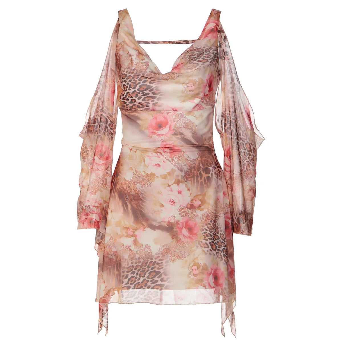 Vestido Curto Feminino Animal Print com Gola Degagê e Tule Apricot