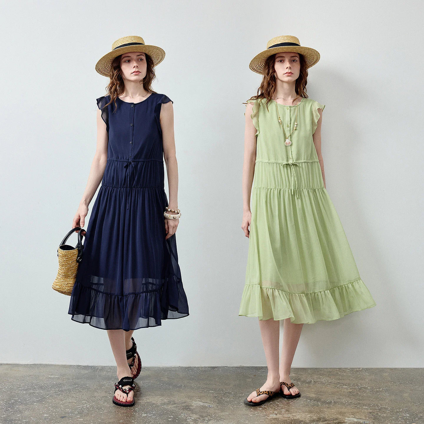 Vestido Midi de Chiffon com Babados e Cintura Marcada