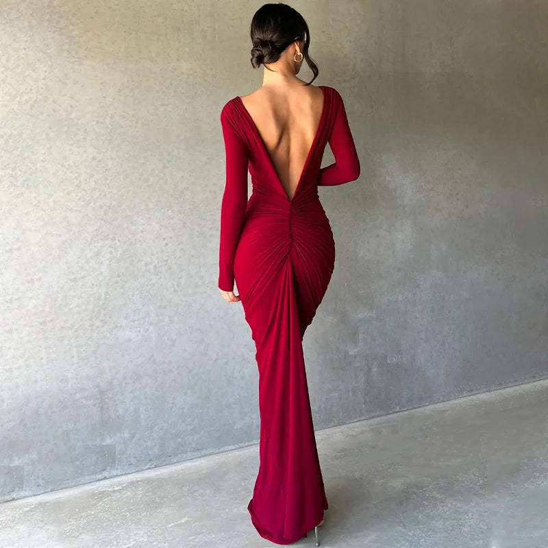 Vestido Longo Feminino de Tricô com Decote V e Franzidos burgundy