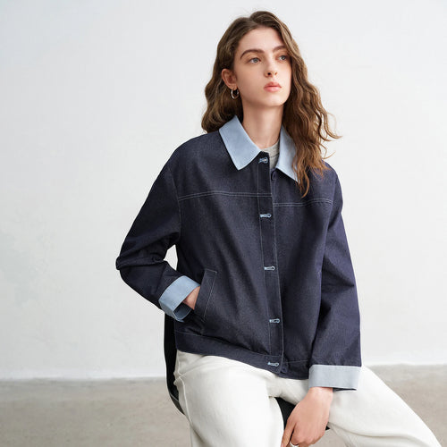 Jaqueta Feminina Efeito Jeans Patchwork Duas Peças