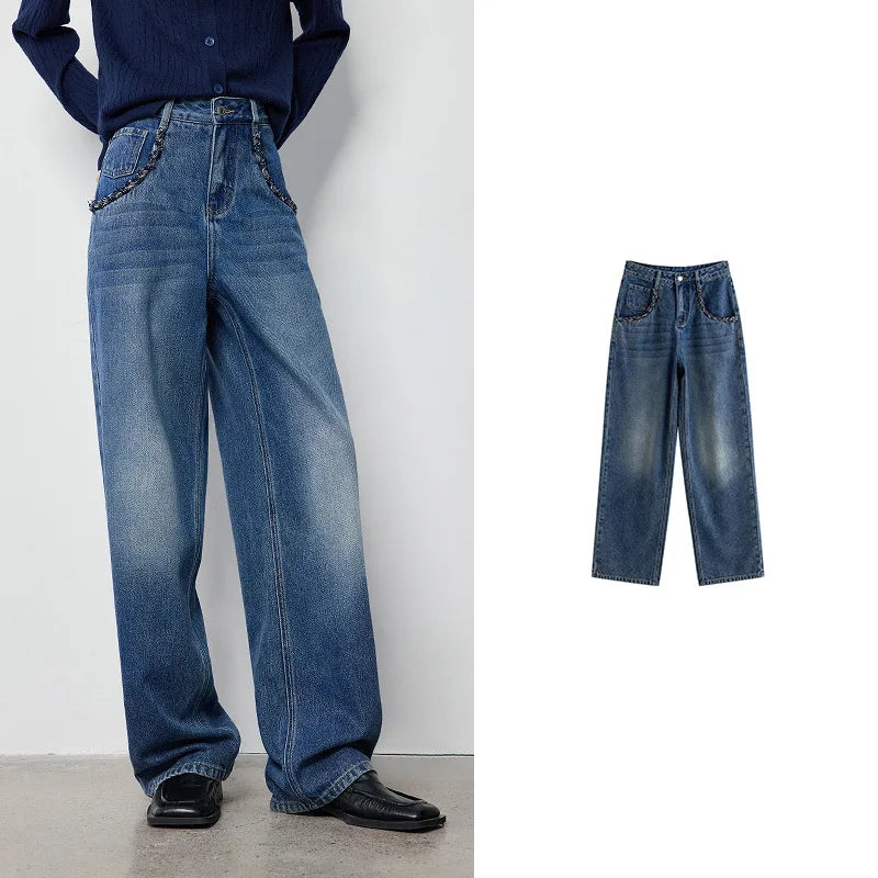 Calça Jeans Feminina Wide Leg Cintura Alta Texturizada