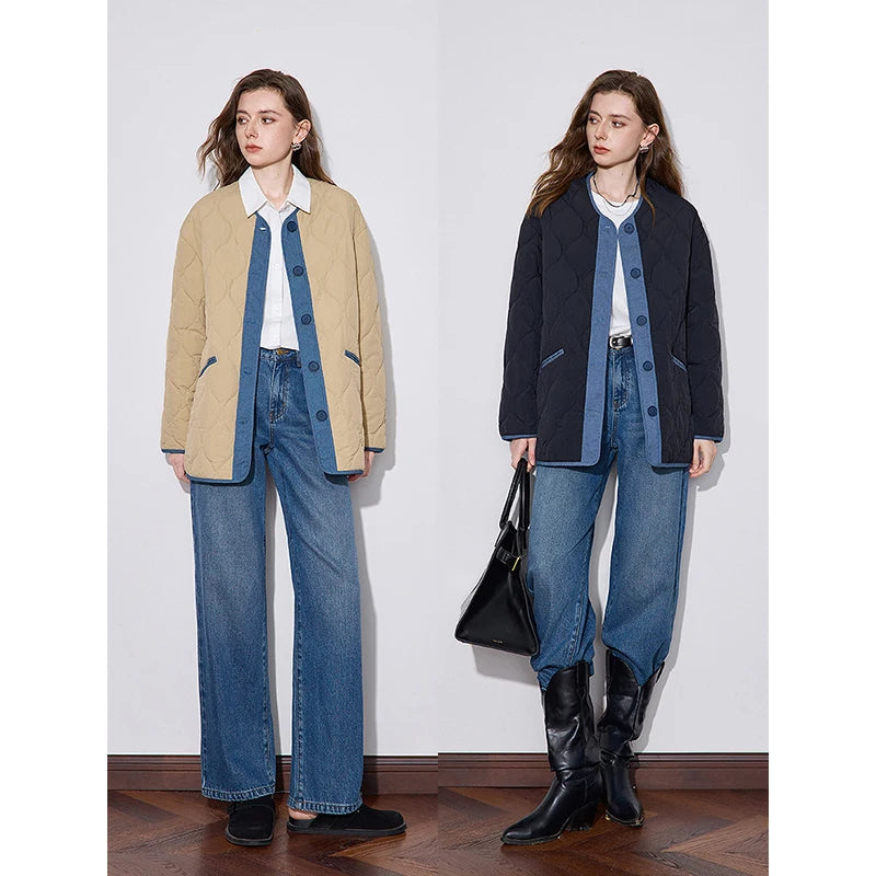 Jaqueta Feminina com Recortes Jeans e Gola Redonda
