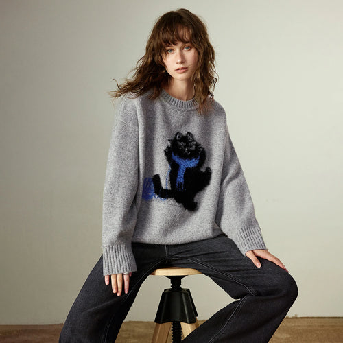 Suéter Cinza de Lã com Jacquard de Gato