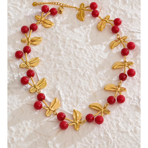Yhpup Fashion Acrylic Resin Cherry Flower Heart Sun Pendant Charms Necklace Stainless Steel Golden Handmade Jewelry Gift