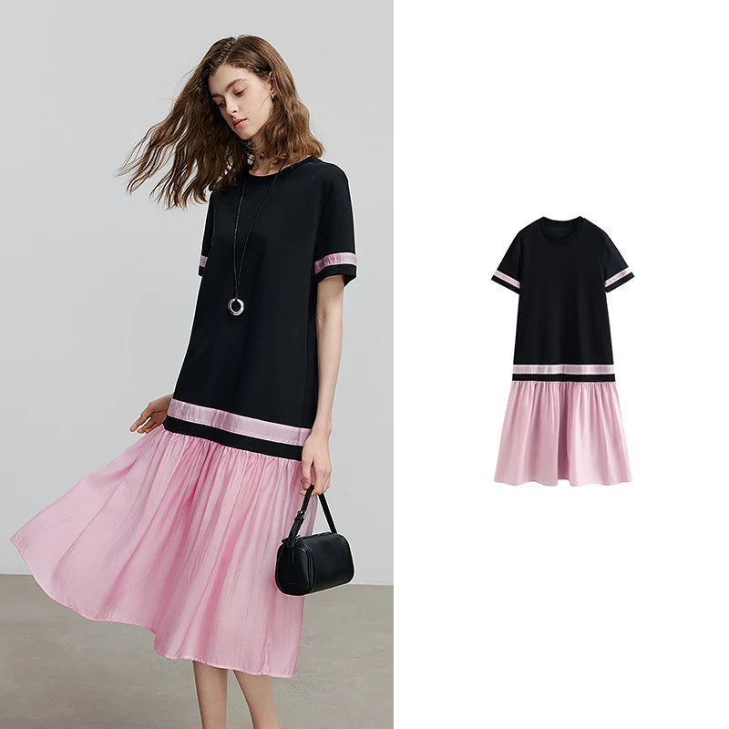 Vestido Midi Bicolor com Manga Curta e Caimento Solto Black-Pink