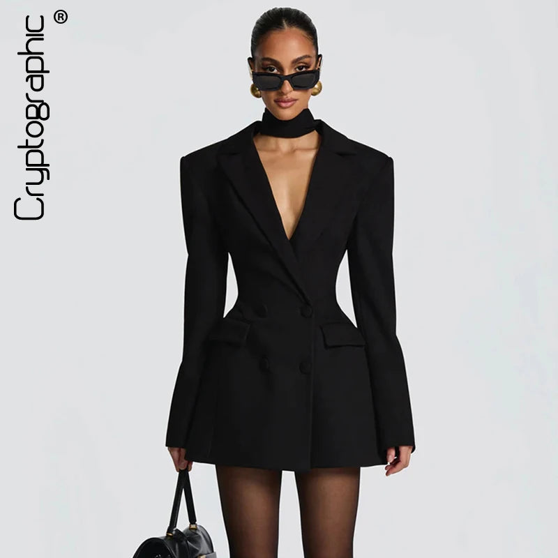 Vestido Blazer Feminino com Ombreiras e Saia Evasê