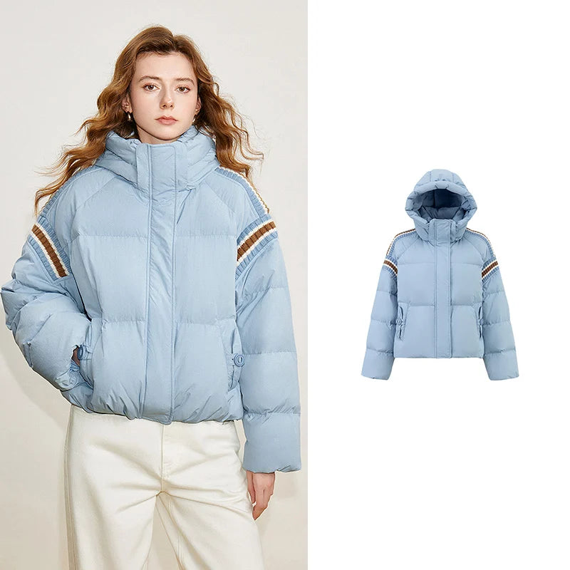 Jaqueta Puffer Feminina 90% Plumas com Capuz e Tricô blue