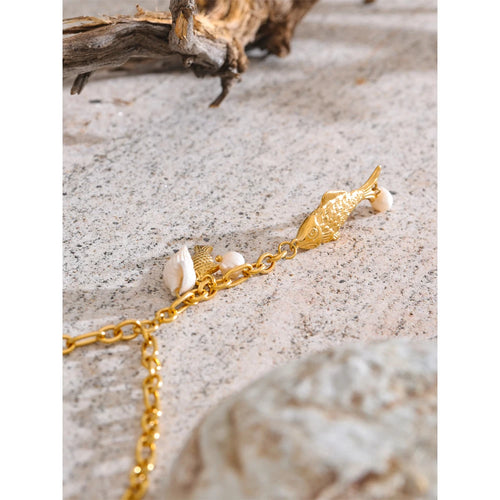 Yhpup Natural Pearls Shell Fish Pendant Chain Necklace 18K Golden PVD Plated Fashion Stainless Steel Charm Waterproof Jewelry