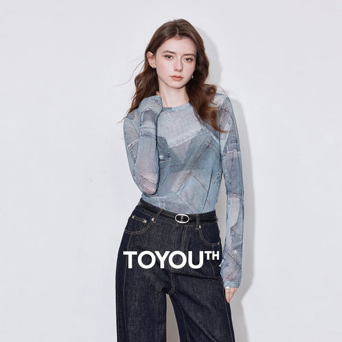 Blusa Feminina de Tule Manga Longa com Patchwork Jeans