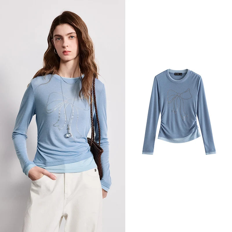 Blusa Feminina de Lã Efeito Duas Peças com Laço e Strass