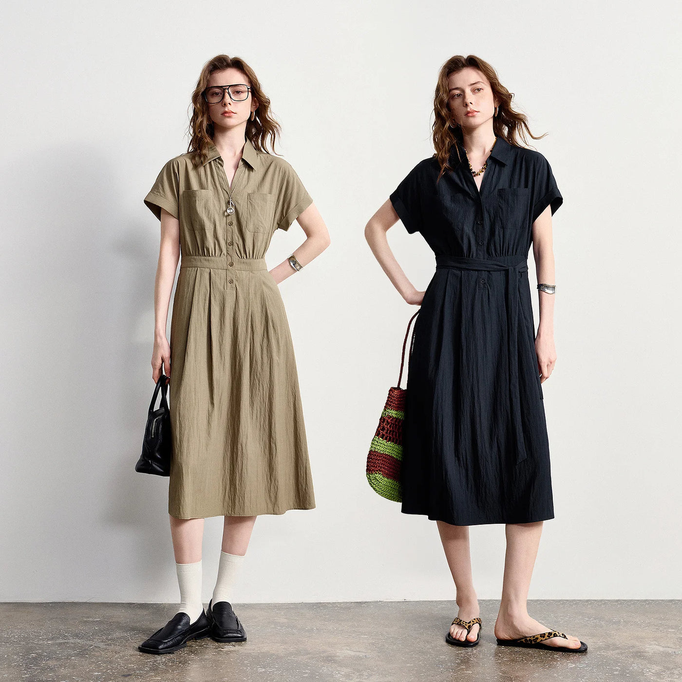 Vestido Midi Texturizado com Gola Camisaria e Botões