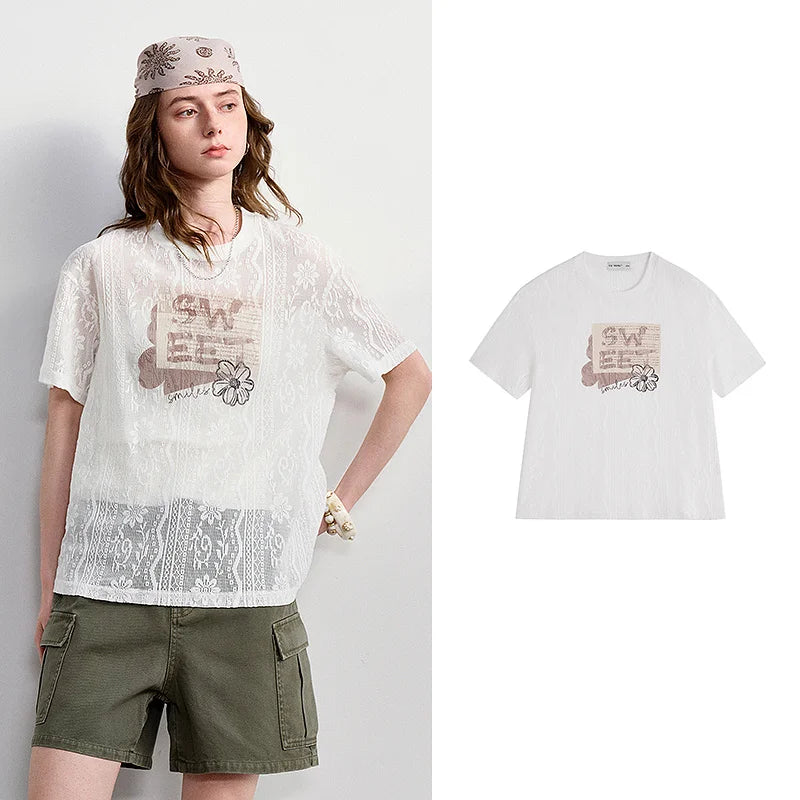 Blusa Feminina de Renda Transparente com Estampa Floral