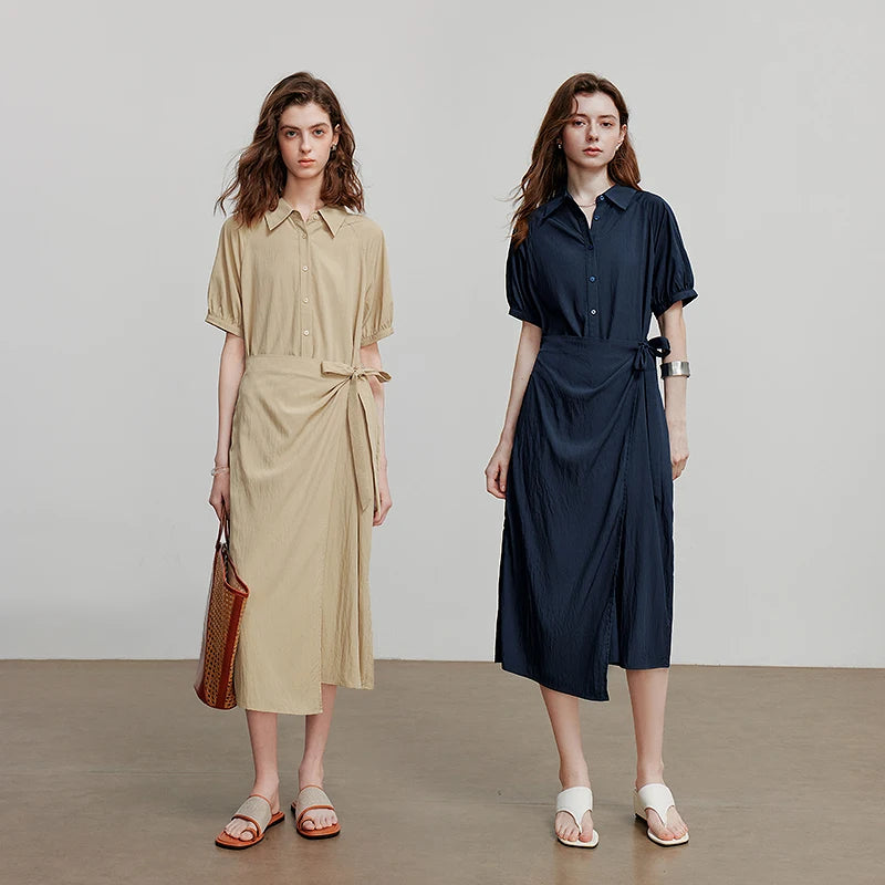 Vestido Chemise Midi Solto com Bolsos
