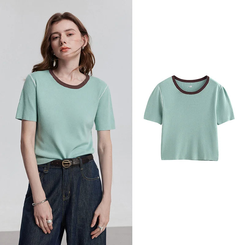 Blusa Feminina de Tricô Manga Curta Minimalista Leve