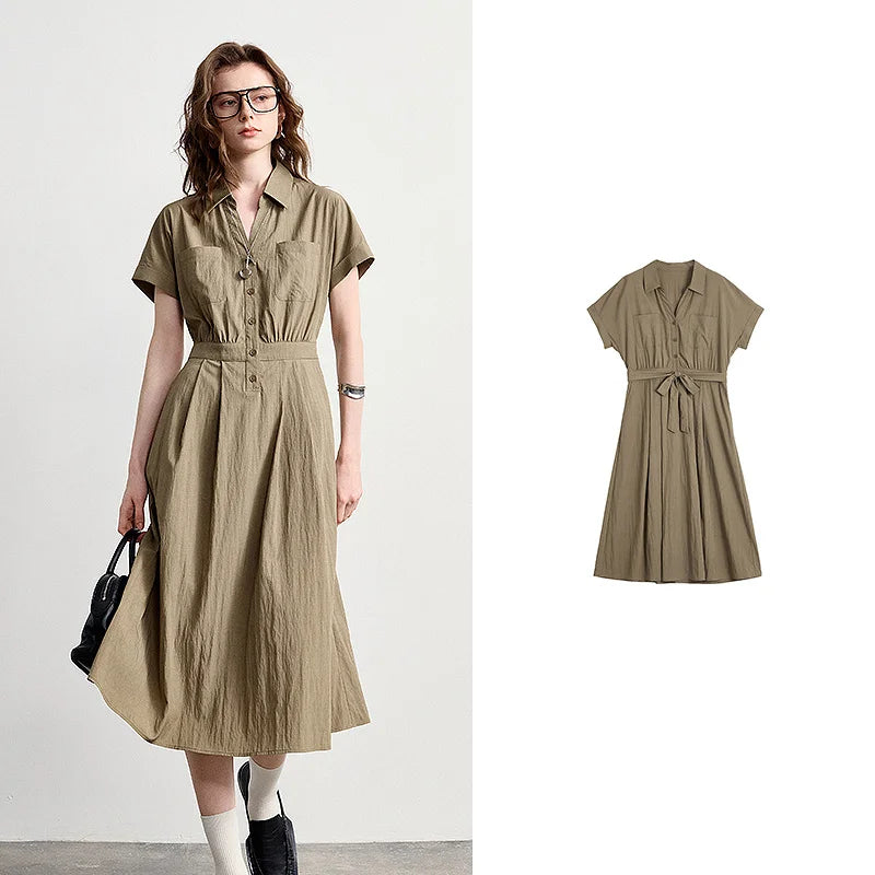 Vestido Midi Texturizado com Gola Camisaria e Botões Army Green