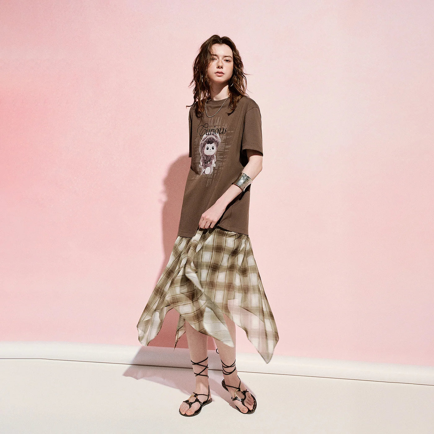 Vestido Camiseta Midi Estampado Xadrez
