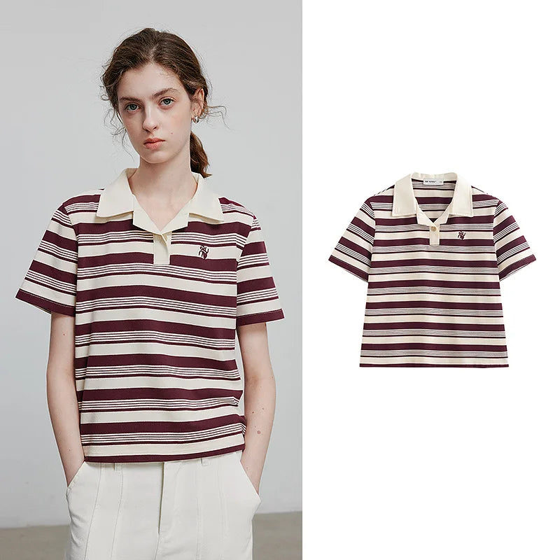 Camiseta Polo Feminina Listrada com Bordado