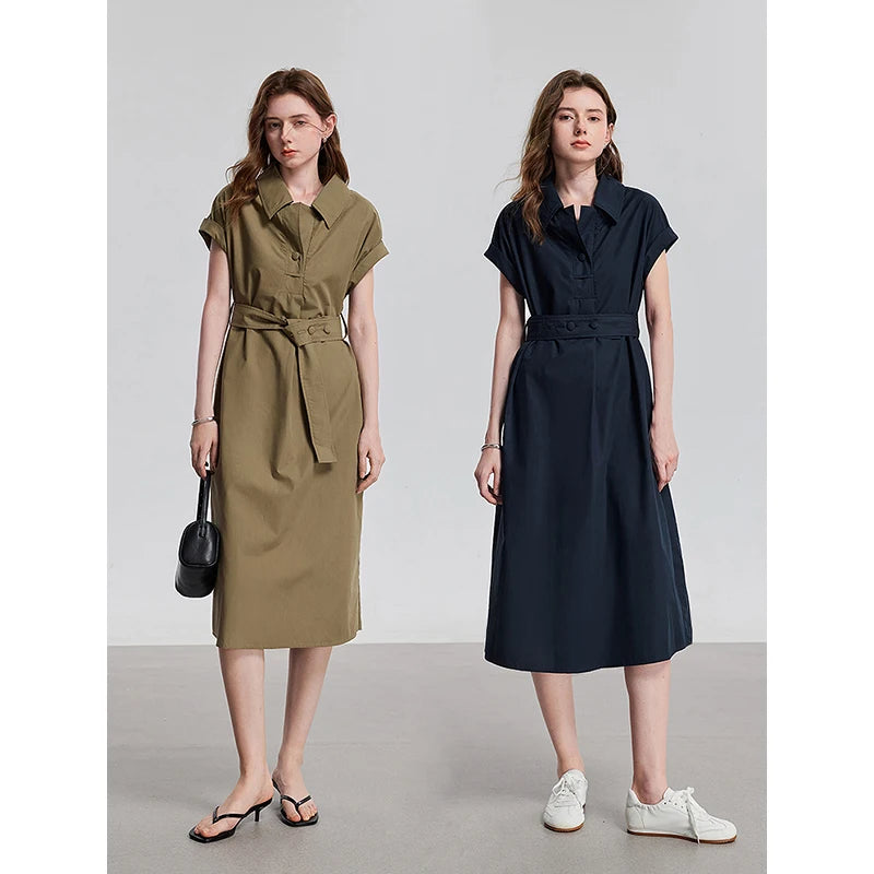 Vestido Midi em Liocel com Gola Camisaria