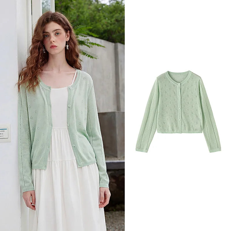 Cardigan Feminino de Linho com Crochet Vazado