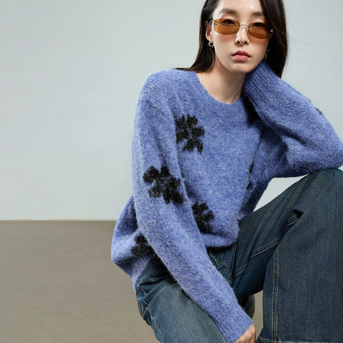 Suéter com Jacquard Floral e Gola Redonda