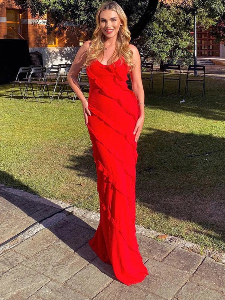 Vestido Longo Feminino de Chiffon com Babados