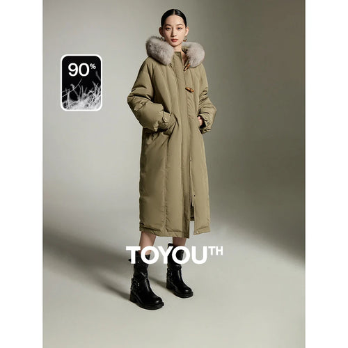 Casaco Puffer Feminino Longo Verde com Gola de Pelo