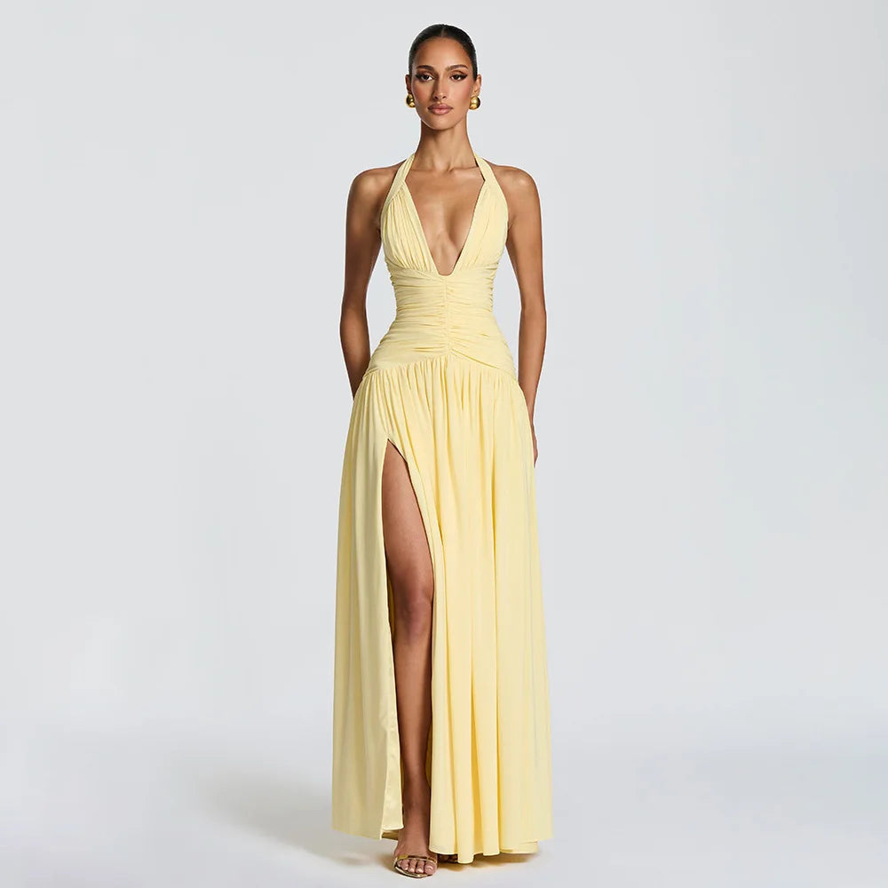 Vestido Longo Feminino Frente Única com Fenda Alta Yellow