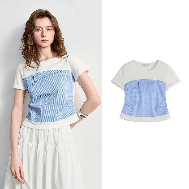 Camiseta Feminina Xadrez Efeito Duas Peças Slim