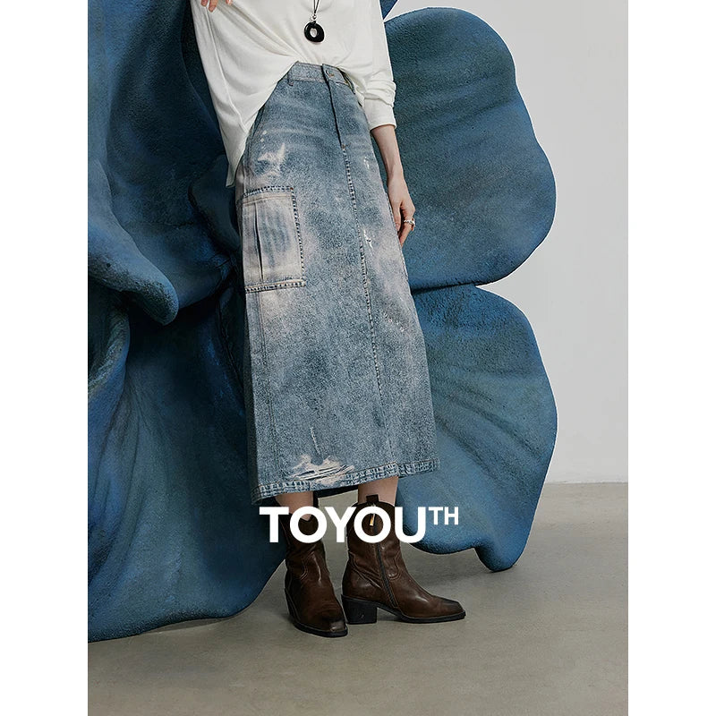 Saia Jeans Midi Feminina Estampada Cintura Alta