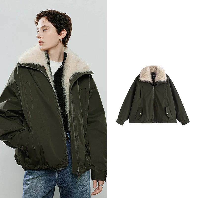 Jaqueta Feminina Acolchoada com Gola de Fleece Assimétrica Dark green