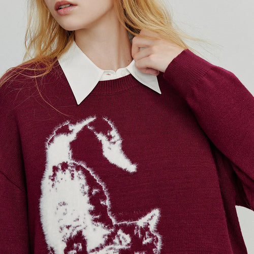 Suéter Bordô com Jacquard de Gato