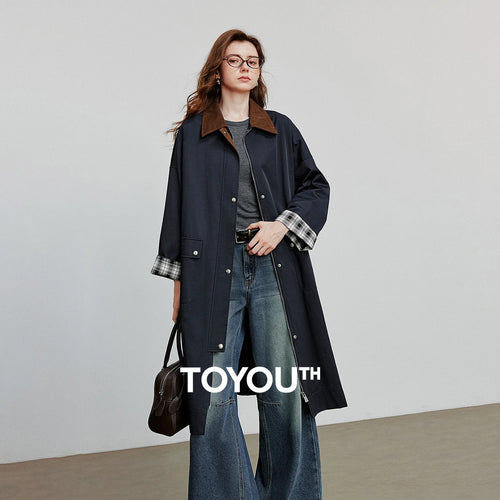 Trench Coat Feminino Longo Xadrez com Gola de Cotelê