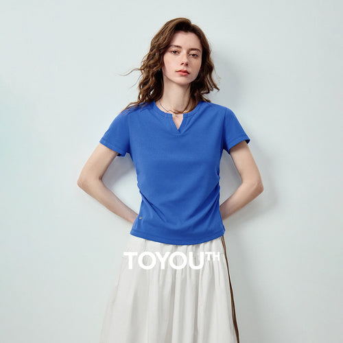 Camiseta Feminina Slim de Algodão com Decote V Franzido
