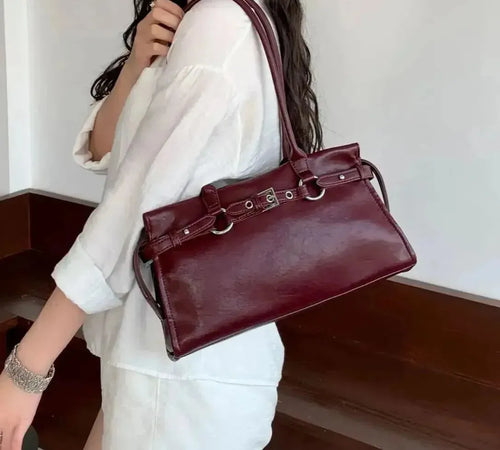 Bolsa feminina de couro legítimo vintage estilo baguete para ombro longo