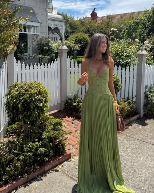 Elegant Women's Halter Long Dress Vintage Corset Patchwork Maxi Pleated Dresses Summer Formal Evening Party Wedding Guest Green Green