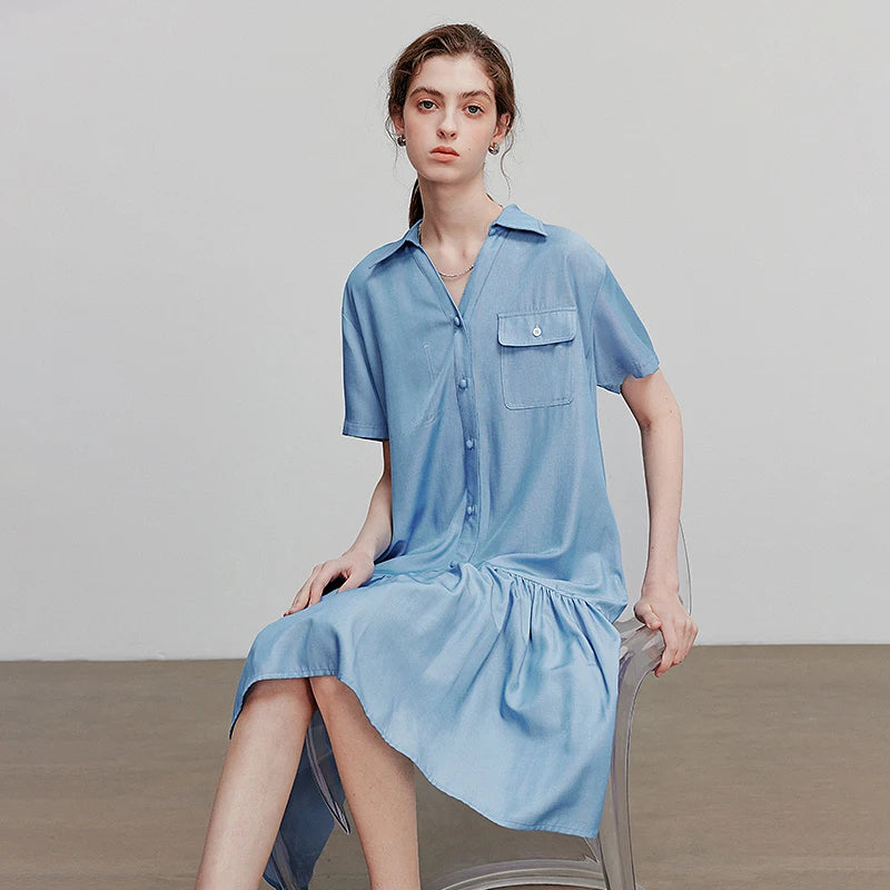 Vestido Chemise Curto de Viscose com Bolsos