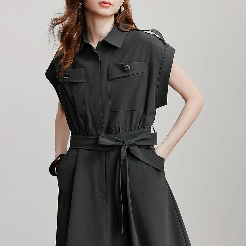Vestido Chemise Midi com Cinto e Gola Polo