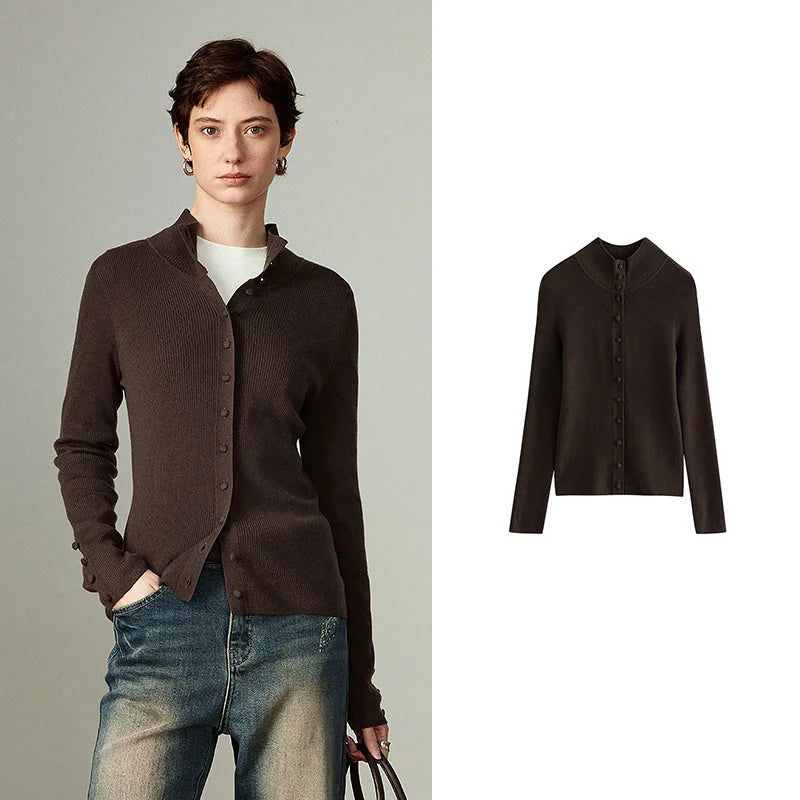 Cardigan Feminino de Lã Assimétrico com Gola Alta
