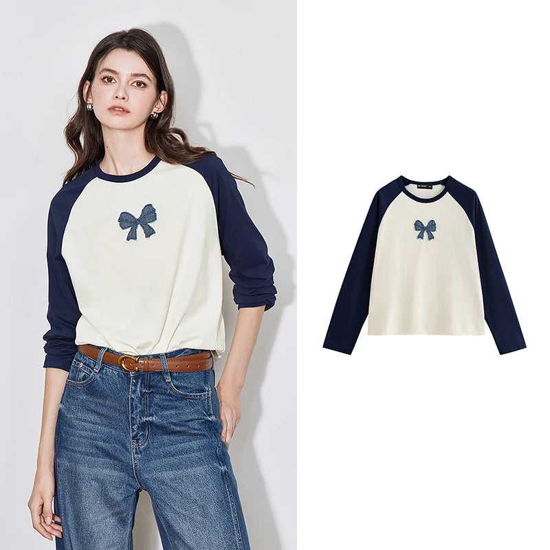 Blusa Feminina Raglan Color Block com Laço em Jeans
