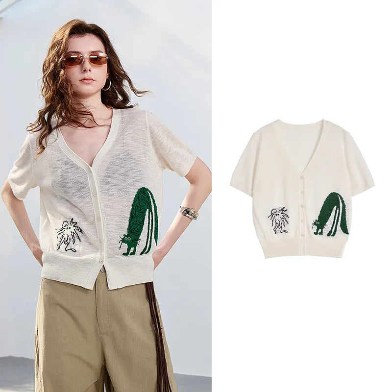 Blusa Feminina de Tricô Jacquard com Decote V e Botões