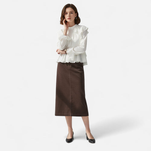 Saia Feminina Elegante de Veludo Cotelê Marrom