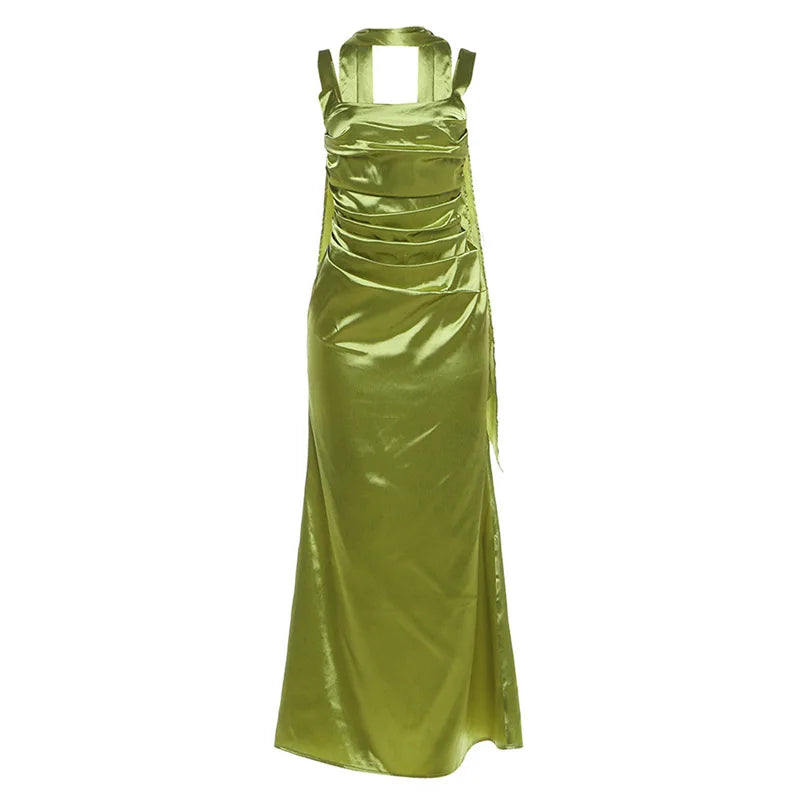 Vestido Longo Feminino de Cetim Verde com Laço e Franzidos Green
