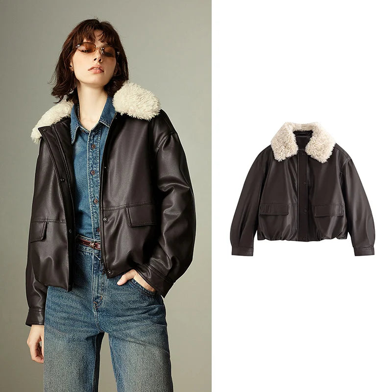Jaqueta Feminina de Couro PU com Gola de Fleece Café Brown