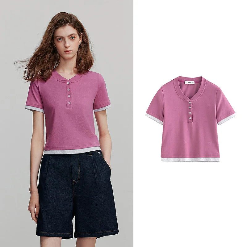 Camiseta Feminina Cropped Patchwork com Elastano