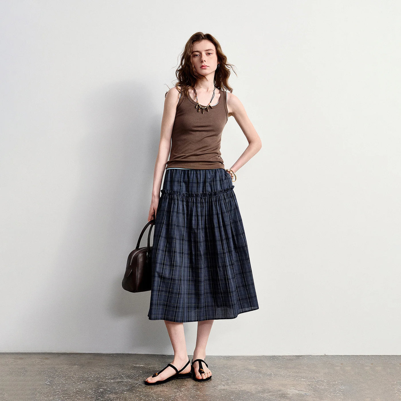 Saia Midi Feminina Xadrez com Babados