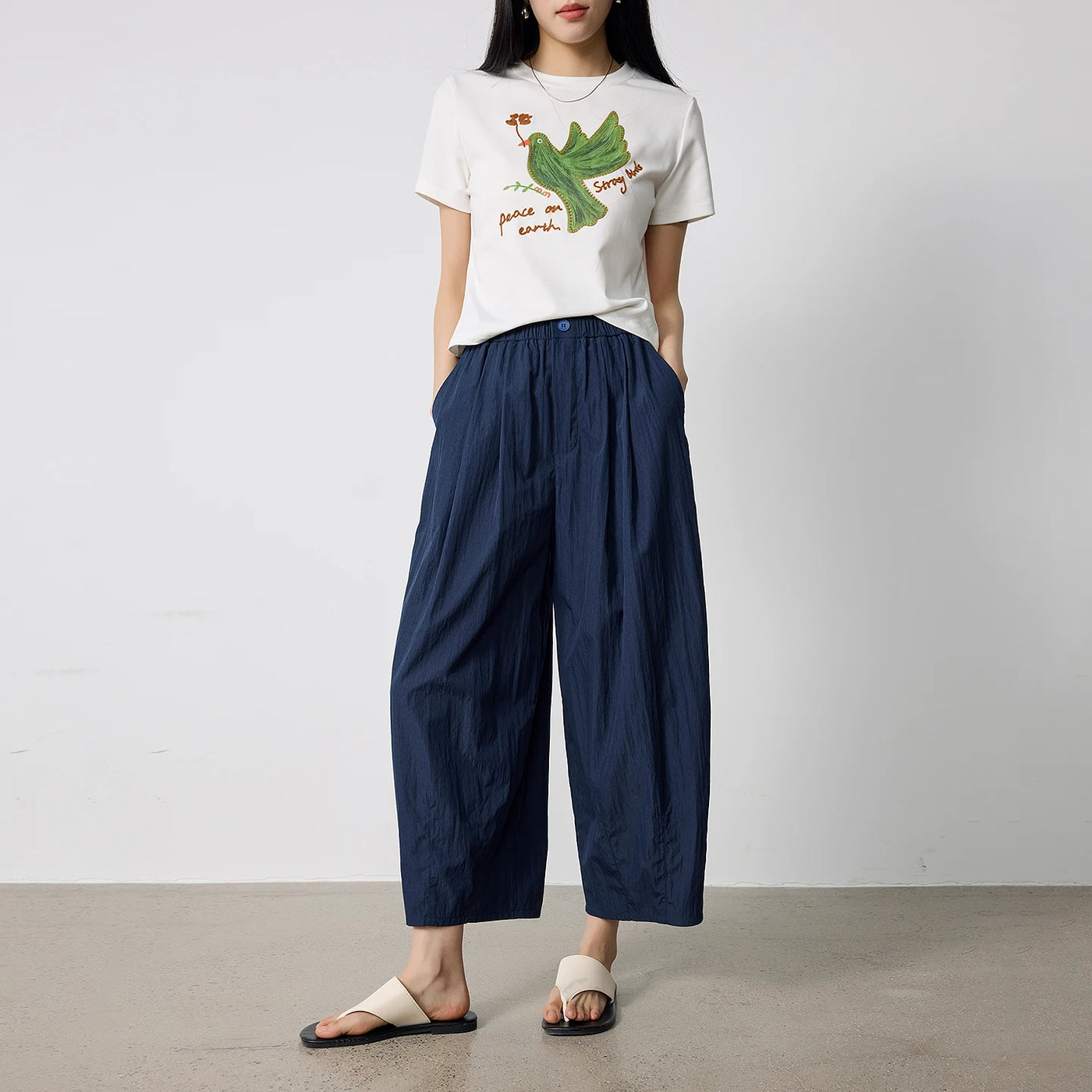 Calça Wide Leg Feminina Texturizada com Cós Elástico