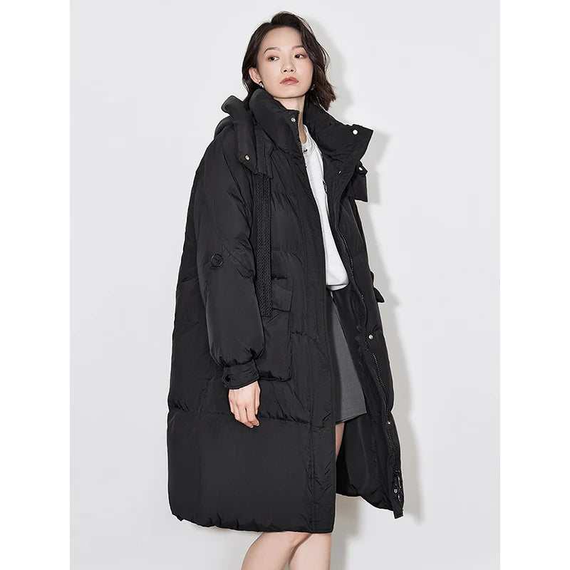 Casaco Puffer Feminino Longo com Capuz e Gola de Pelo Verde