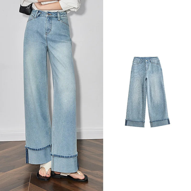 Calça Jeans Feminina Wide Leg com Barra Dobrada